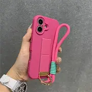 Folding Stand Wrist Strap Lanyard Silicone Phone Case for iPhone 15 16 Plus 14 13 12 11 Pro Max Solid Color Matte Frosted Cover,Rose Red,for iPhone 14 Plus