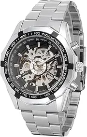 [FORSINING] Men's Automatic Waterproof Skeleton Wrist Watch with Stainless Steel Bracelet, Black and Silver, Modern