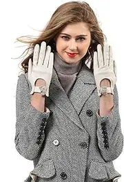 [YISEVEN] Women's Touchscreen Sheepskin Leather Gloves White Bow