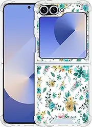 GlamCase Clear Case for Samsung Galaxy Z Flip 6 5G, Galaxy Z Flip 6 Clear Case - Teal Floral Pattern Design Printed Clear Shockproof Protective Designer Back Case/Cover for Samsung Z Flip 6