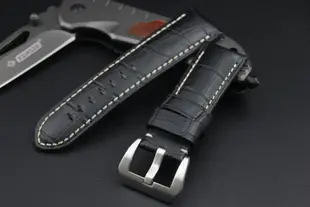 24mm收22mm可替代沛娜漢panerai原廠錶帶之鱷魚皮紋路真牛皮製錶帶,不鏽鋼製錶扣,牢靠車縫線