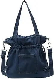 [Epsion] Women Denim Canvas Tote Bag Drawstring Crossbody Tote Purse Trendy Shoulder Handbag Travel Bag