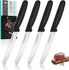 HAUSHOF 4Pc Steak Knives Set,Stainless Steel Sharp Serrated with Black Handle
