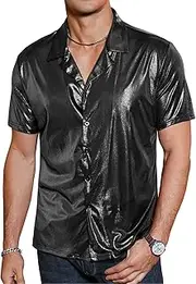 [TURETRENDY] Men's Glitter Shirt Short Sleeve Shiny Party Costume Tops for Casual Dance Club Prom