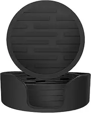 Ouzoustate Coasters for Drinks Set of 6,Silicone Coasters for Coffee Table with Holder,Thickened,Easy to Clean,Non-Slip for Wooden Table,Bar,Fits Any Size of Cup (Black)