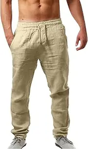 [Generic] Men's Linen Pants Casual Loose Fit Elastic Waist Drawstring Straight Legs Pants Summer Beach Yoga Breathable Long Pants