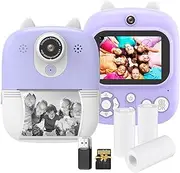 Instant Print Camera Digital Camera for 1080P Digital Video Camera Dual Lens 2.4 Inch IPS Screen Built-in Battery with 32GB TF Card & USB Card Reader 3 Rolls Thermal Printing Paper Neck Strap Purple