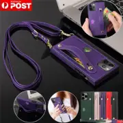 For iPhone 16 15 14 13 12 11 Pro Max XS 8 Plus Leather Stand Case Cover w/ Strap