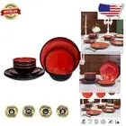 Durable 12-Piece Melamine Dinnerware Set for Indoor & Outdoor Dining - Red/Black