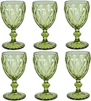 TOMVAES Vintage Wine Glasses Set of 6, 240 ML Wine Goblets Glass Stemed, Water Drinking Glassware with Embossed Pattern, Coloured Thicken Glass Cup for Wedding, Party, Bar, Blue, Rhombus (Green)