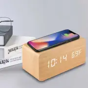Wooden Digital Alarm Clock with Wireless Charging, LED Clock with Time, Date,Tem