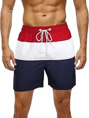 [Aosufei] Men's Casual Colour Matching Beach Shorts Elastic Waist Quick Dry Athletic Shorts Lightweight Loose Fit Trunks