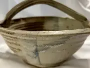 Studio Art Stoneware Pottery Hand Crafted Basket with Handle Signed by Artist