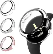 [3-Pack] Case for Google Pixel Watch 2/Pixel Watch Screen Protector with Tempered Glass, Hard PC All Around Coverage Protective Bumpers Cover for Google Pixel Watch 2023/2022 (Clear+Silver+Rose Gold)