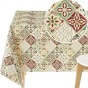 KP Home Oilcloth Tablecloth Tiled Look Tiles Pattern Waterproof Oilcloth Rectangular 200 x 140 cm Portuguese Azulejos Beige Red Wax Tablecloth Vinyl PVC Tablecloth Wipe Clean Plastic Easy Care