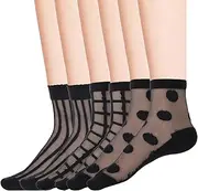 [Telooco] 3 Pairs Women Sheer Socks Nylon Ankle Socks Black See Through Socks Dots Stripes Geometric Breathable Thin Stockings Transparent Tulle Socks for Women, Black, One Size