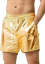 [FEOYA] Mens Metallic Shorts Shiny Leather Hot Pants Sequin Glitter Elastic Waist Shorts with Pockets Casual Disco Gold Shorts Wet Look Shorts for Clubwear Nightclub S-XXL