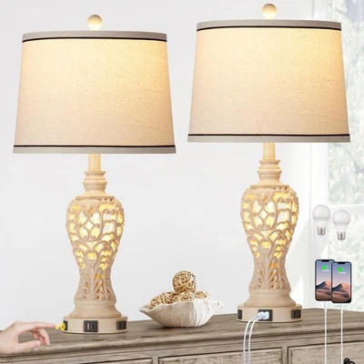 Table Lamps Set of 2, Farmhouse Table Lamps with Nightlight, Rustic Bedside L...
