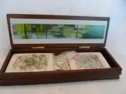 READERS DIGEST Wooden Game Box w Brass Plaque 2 decks of cards & set of 5 dice