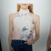 Parker Floral Print Mock Neck Halter Top in Cream, Green & Peach XL