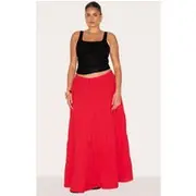 Plus Tomato Red Cotton Tiered Drawstring Waist Maxi Skirt, Tomato Red