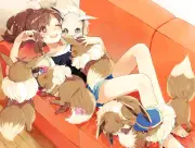 Anime girls couch on sofa legs brunette pokmon eevee Play Gaming Mat Desk