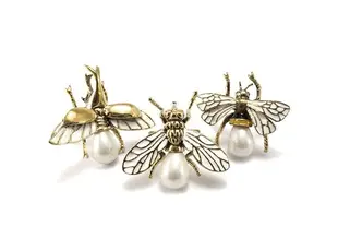 Brass Flying Bee Enamel Wings with Mother of Pearl Bead Bottom Ring.