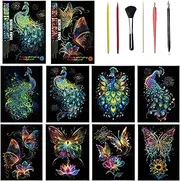 Scratch Art, 8-Piece Set Rainbow Scratch Notes with Scratching Tools Kit Butterfly Series Rainbow Scratch Art for Adults and Children (A4 Format)