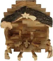 Classic 12-Piece Olive Wood Nativity Set with Natural Bark Roof - 8x7.38”