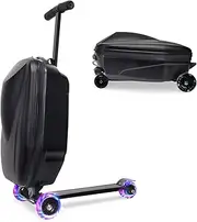[Apelila] Scooter Luggage, 2- in- 1 Folding Carry On Hardshell Ride On Scooter Suitcase for Aged 4-15, Multifunctional Ride On Lightweight Luggage, Black,with LED wheels, Medium, Multifunctional Ride on Travel