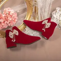 在飛比找Yahoo!奇摩拍賣優惠-秀禾婚鞋女2023新款秋冬季加絨新娘結婚短靴粗跟婚宴高跟紅色