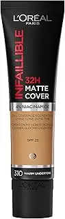L'Oreal Paris Cover Liquid Foundation, With 4% Niacinamide, Long Lasting, Natural Finish, Available in 20 Shades, SPF 25, Infallible 32H Matte Cover, Shade 310, 30ml