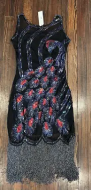 Babeyond NWT Sequin Peacock Flapper Dress With Fringe Sz Small