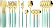 Flatware Serving Set 24 Piece, Stainless Steel Silverware Set, Mint Green Gold C