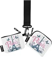 [Caihoyu] Paris Handy Drawn White Dual Wristlet Wallets for Women Thin Flat Wristlet Wallet Key Holder with Keychain for Work Travel 2 Pcs, Multicolor, 4.13"(L) x 3.5"(W), Travel Accessory