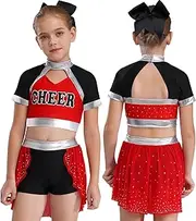 [Loodgao] Girls Cheerleading Outfits Dance Costume Sparkle Rhinestones Short Sleeve Cutout Crop Tops with Skirt Set