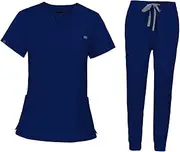 [yuksok] Uniforms Scrub Set with Pockets Nurse Top and Pants Modern Female Work Clothing Work suits Workwear for Athletic Pet Grooming, XL, Blue