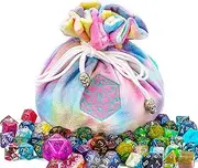 KSNDie Large Dice Bags with Pockets Rainbow Storage Bag D20 Logo for DND RPG MTG Game Dices (with 1lb Random DND Dice)