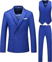 [Generic] Men's Solid 3 Piece Double-Breasted Suit Tuxedo Blazer Pant and Vest Set Jacket Suits for Business Wedding Prom