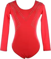 [Zagitova] Rhythmic Gymnastics Leotard for Kid, Girl's Long Sleeve Crew Neck Sparkly Bodysuit for Competition