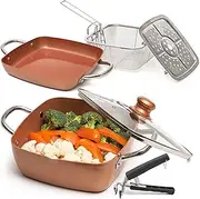 [Moss & Stone] Copper 6 Piece Set Chef Cookware, Non Stick Pan, Deep Square Pan, Fry Basket, Steamer Tray, Dishwasher & Oven Safe, 5 Quart Copper Pot Set, Copper Induction Cookware Set