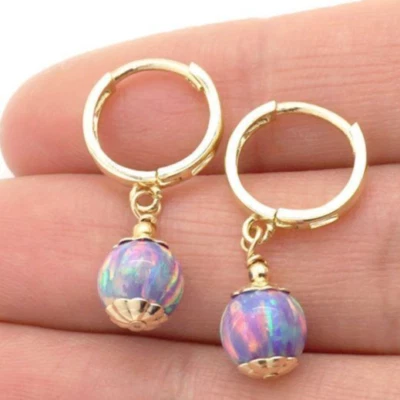 14K Solid Yellow Gold Purple Fire Opal Ball Huggie Hoop Dangle Earrings 7mm