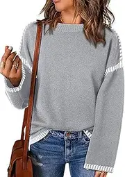 [Valtorixia] Women Long Sleeve Contrast Cable Knit Pullover Sweaters for Women Fashion Solid Crewneck Loose Fit Pullover Top Fall Winter Knit Top (Gray,Medium)