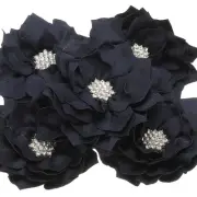 3.5" Rhinestone Pearl Chiffon Flower, 5 Pcs Sewing Fabric Appliques, Navy Blue