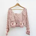 Sim & Sam Linen Blend Cropped Peplum Peasant Top Floral Milkmaid Mauve L NEW