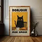 Le Chat Noir Poster, Yellow Bonjour Mon Amour Artwork, Black Cat Artwork, Bla...