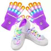 Purple Light Up Gloves Kids & LED Shoelaces Set Glow Party Girl Gift Ages 4-10