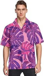 [GuoChe] Hawaiian Button Up Short Sleeve Shirts for Men Valentine's Day Hawaiian Tropical Pink Plants Formal Camisas para