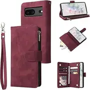 for Google Pixel 7 Wallet Case,for Google Pixel 7 Case,Boyobacase PU Leather Wallet Flip Cover Stand Feature[ 6 Card Slots and 1 Zipper Coin Pocket] with Wrist Strap-Wine Red