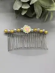 Bridal Wedding Yellow white flower Beaded Vintage Style 3.5” metal silver comb